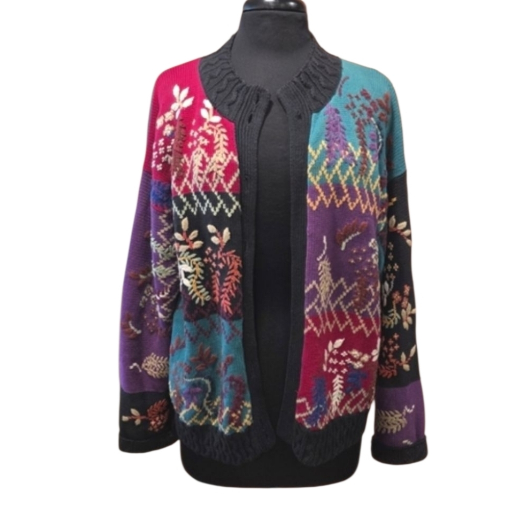 Vintage 90s Colorful Black & Purple Cardigan Embroidered Cozy Large?